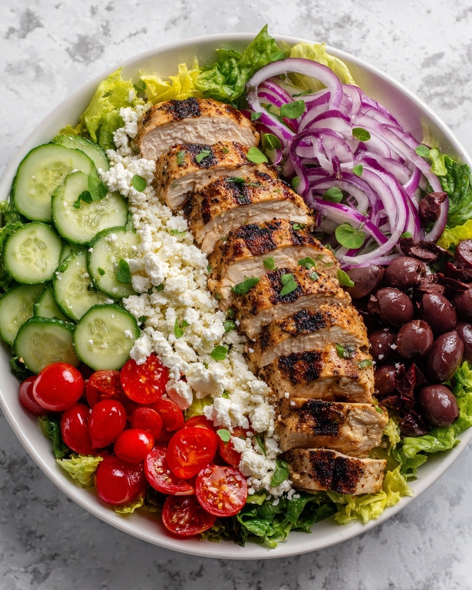 A white bowl filled with a colorful layered salad, starting with a base of chopped green lettuce, sliced cucumbers, and halved cherry tomatoes spread evenly around the edges. On top of the greens, there are scattered pieces of crumbled white cheese and dark purple olives mixed with bits of red onion. Centered in the bowl are thick slices of grilled chicken with a golden-brown char and a sprinkle of fresh green herbs on top. The bowl sits on a white marbled surface with sunlight casting soft shadows over the dish photo taken with an iphone --ar 4:5 --v 7