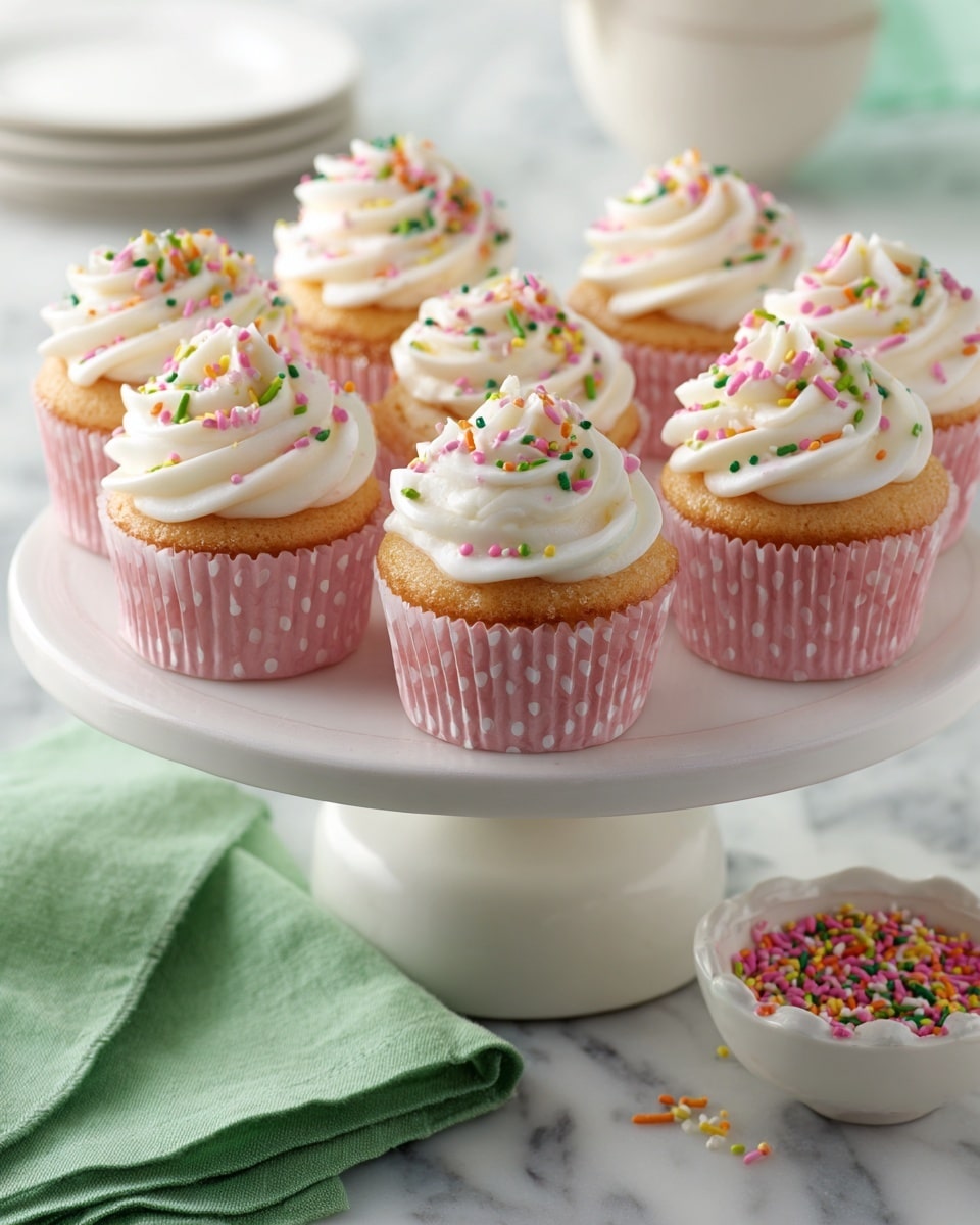 A close-up image of a single cupcake with a moist light golden base in a pink wrapper with white polka dots. On top is a tall swirl of creamy white frosting decorated with colorful sprinkles in red, pink, green, yellow, orange, and purple scattered inside and on the marbled white surface around the cupcake. In the background, there are blurred similar cupcakes, all placed on a white marbled surface. photo taken with an iphone --ar 4:5 --v 7