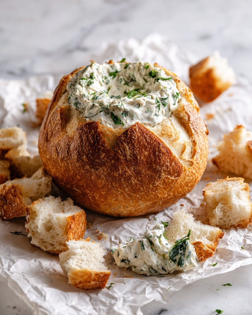 A large round bread bowl with a brown crust and soft white inside is filled with creamy spinach dip that has visible small green spinach leaves mixed evenly. Pieces of the soft white bread are torn off and placed around the bowl on white parchment paper, with one cube dipped into the spinach dip resting on the edge of the bread bowl. The white marbled surface under the parchment adds a clean, bright background to the setup. photo taken with an iphone --ar 4:5 --v 7