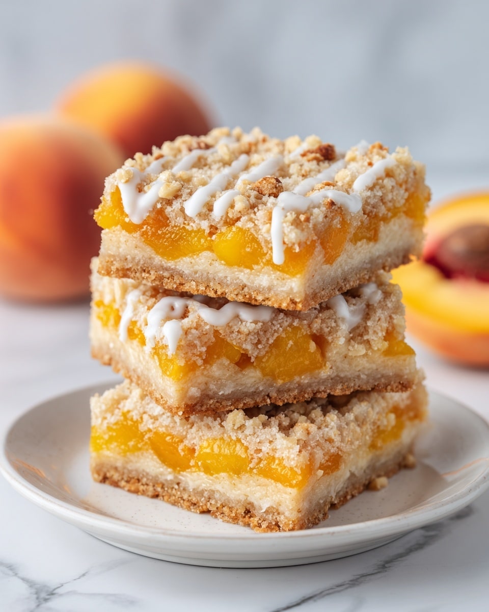 There are three fruit bars stacked on top of each other on a white plate. Each bar has three layers: the bottom layer is a light brown crust, the middle layer is a yellow-orange fruit filling with chunky pieces, and the top layer is a crumbly, textured topping with small nut pieces and a thin white glaze drizzled unevenly over it. Some crumbs are scattered on the plate, and the background has a soft focus with a white marbled surface. Photo taken with an iphone --ar 4:5 --v 7