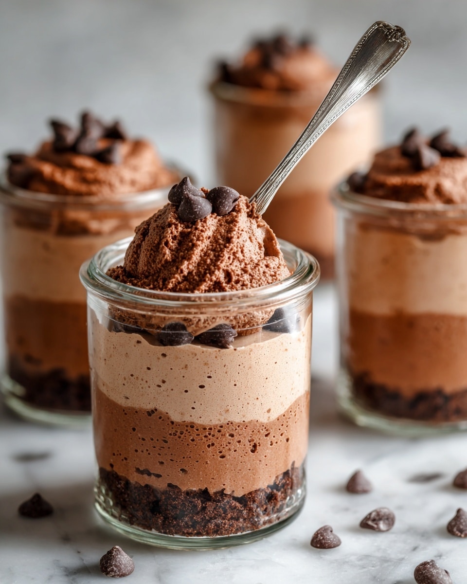 The image shows four clear glass jars filled with thick, light brown chocolate mousse. Each jar has about two layers of the mousse, with a fluffy and slightly airy texture visible. On top of the mousse in the jar in focus, there are two dark chocolate chips, with a spoon lifting a scoop of the mousse, showing its soft and creamy texture clearly. Scattered dark chocolate chips lie around the jars on a white marbled surface covering a wooden board. The background is simple and bright, putting all attention on the mousse jars. Photo taken with an iphone --ar 4:5 --v 7