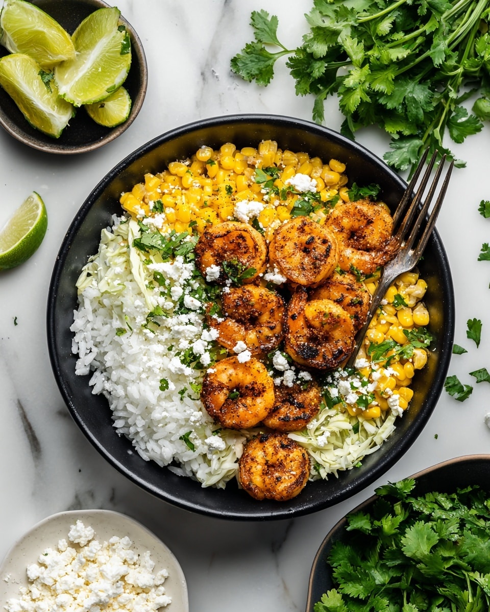 A black bowl on a white marbled surface holds a layered dish. The base layer is white rice with a light, fluffy texture, spread evenly at the bottom right of the bowl. On the left side, there's a creamy corn salad with yellow corn kernels mixed with small bits of white cheese and green herbs. Above and beside the corn salad are several grilled shrimp with a dark orange seasoning, showing a slightly crispy texture on the surface. The shrimp are placed in a soft semi-circle across the center of the bowl. Between the corn and shrimp, there is a small amount of shredded cabbage slaw with thinly sliced white and purple cabbage. The dish is sprinkled throughout with chopped green cilantro leaves and crumbled white cheese. A black fork leans on the right side of the bowl, partially resting on the rice, with its prongs facing downwards. Photo taken with an iphone --ar 4:5 --v 7