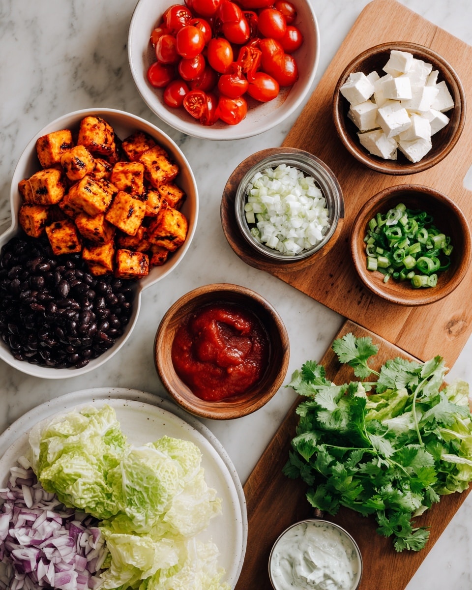 This image shows a neat arrangement of small white bowls and one plate on a white marbled surface. On the left, there is a white bowl filled with grilled orange tofu cubes and above it another white bowl with halved cherry tomatoes in bright red. Below these bowls, there is a bowl with dark black beans. To the right side, three small wooden bowls are placed on a wooden board. The top bowl has white cheese cubes, the middle one has chopped green onions in a clear liquid, and the bottom bowl is filled with thick red sauce. In front of the board is a small spread bowl with white herb cream. To the left, there is a brown bowl with light green iceberg lettuce. Below the board and bowls, there is a white plate with a mix of cottage cheese and chopped green avocado cubes. Thin purple onion slices, a bunch of fresh green cilantro, and some leaf lettuce add fresh colors around the plate. The light and details suggest the photo was taken with an iphone --ar 4:5 --v 7