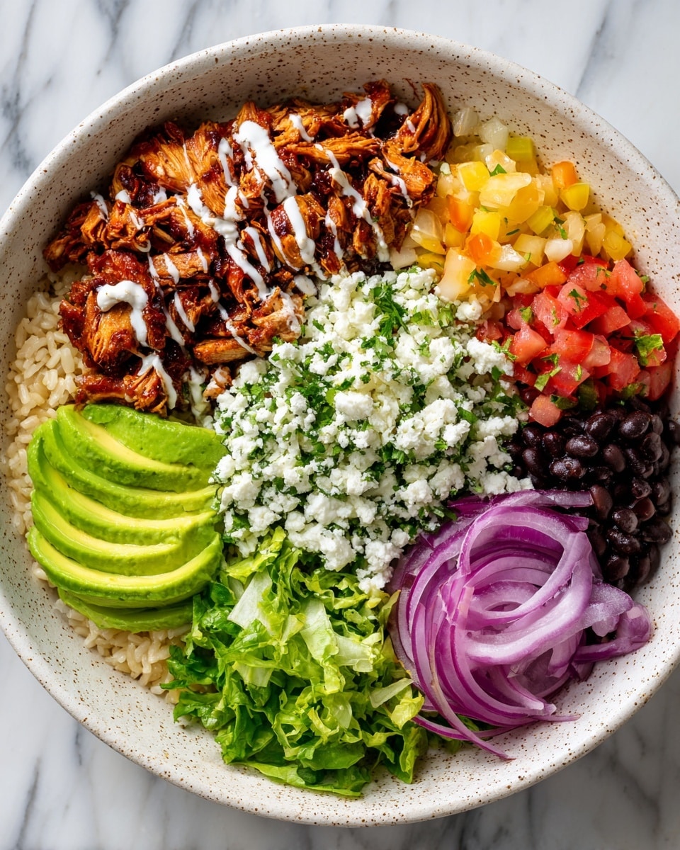 A large white bowl holds a layered dish starting with a base of light beige rice covering the bottom. On top and to the left, there is a layer of dark brown, seasoned chicken pieces with a slightly crispy texture, drizzled with white sauce. Next to it, towards the bottom left, slices of fresh green avocado are neatly arranged. In the middle, there is a generous layer of crumbly white cheese sprinkled with chopped green herbs. On the right side, a colorful mix of finely chopped red and yellow tomatoes, red onion slices, black beans, and shredded green lettuce creates a vibrant, fresh contrast. The bowl sits on a white marbled surface. Photo taken with an iphone --ar 4:5 --v 7