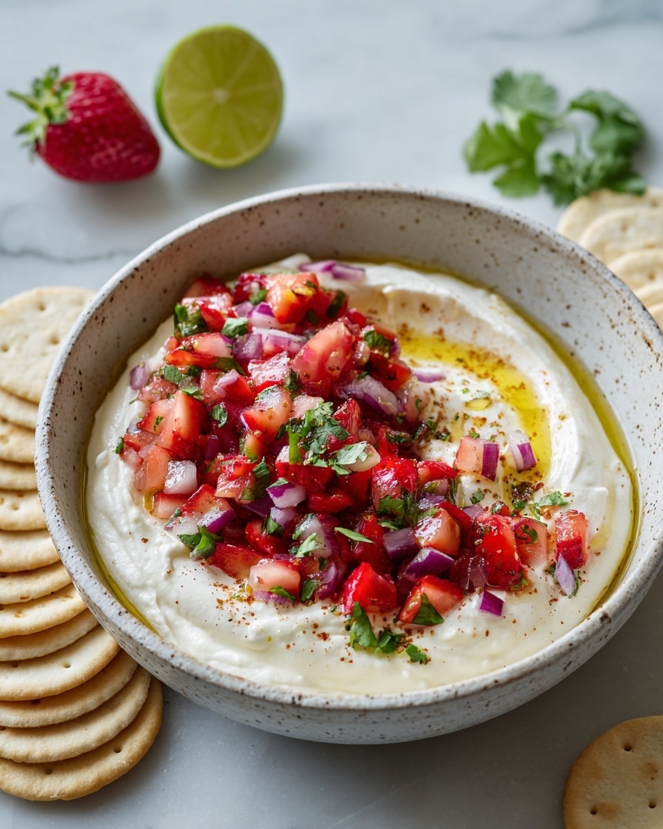The dish is served on a white, speckled bowl on top of a white marbled surface. It has two layers: the bottom layer is a smooth, creamy white yogurt base with a small swirl of golden olive oil on its right side. The top layer, positioned on the left half of the yogurt, is a colorful mix of diced red strawberries, purple-red onions, green jalapeños, and fresh green cilantro leaves scattered on top. Around the bowl, there are small round crispy bread slices in a white bowl to the right and some loose on the marbled surface. A red strawberry and a quarter lime piece are placed on the white marbled background at the upper left area. photo taken with an iphone --ar 4:5 --v 7