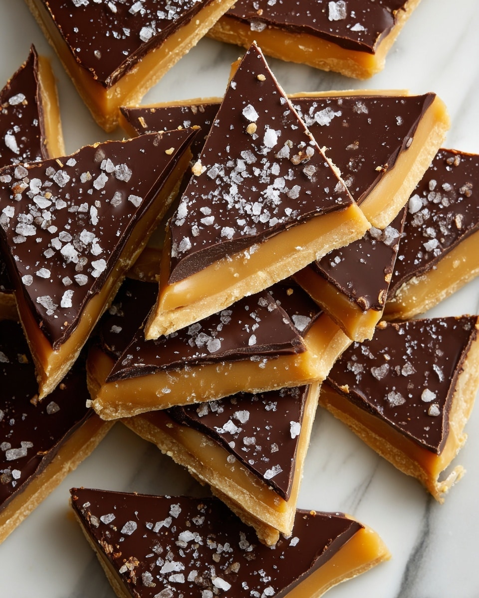 The image shows broken pieces of a sweet treat laid out in a white baking tray on a white marbled surface. Each piece has three visible layers: the bottom layer is light beige and crunchy, the middle layer is golden caramel with a smooth texture, and the top layer is a thick sheet of dark brown chocolate sprinkled with coarse white sea salt. The pieces are irregular in shape, resembling shards, and the chocolate top has a slight shine with a few small cracks visible. Photo taken with an iphone --ar 4:5 --v 7