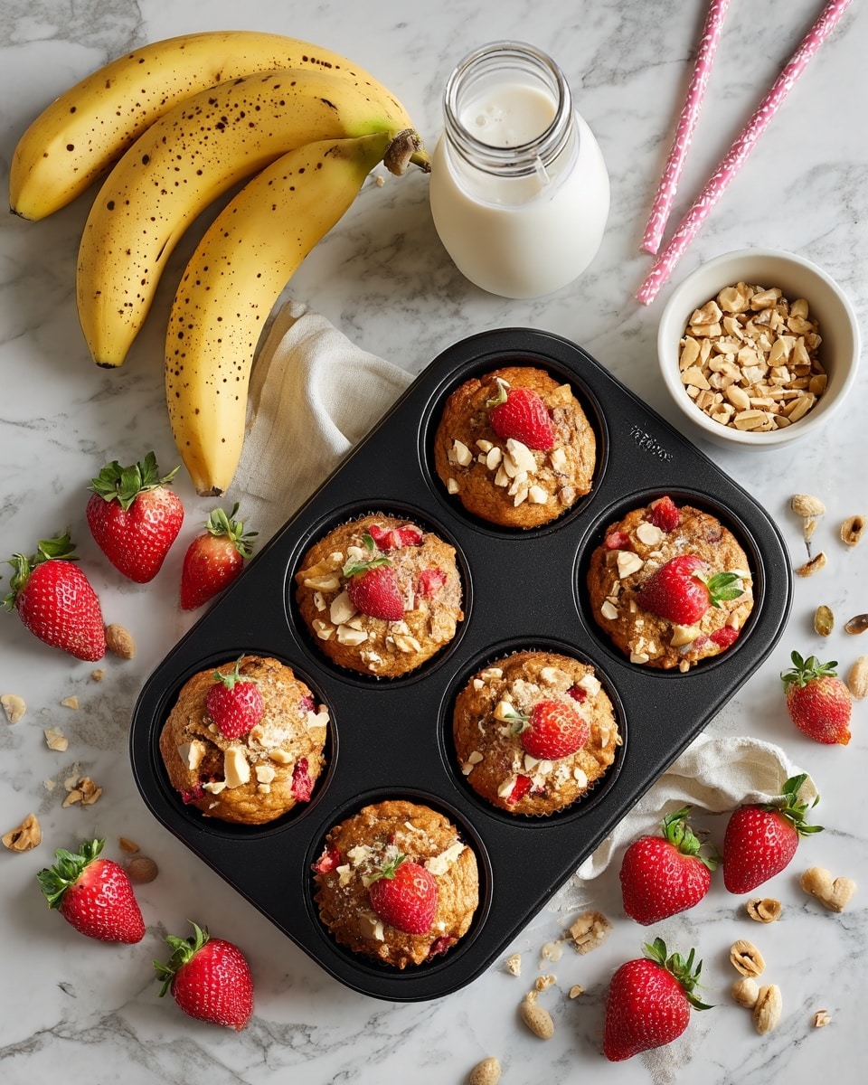 A black muffin tray with four golden brown muffins topped with chopped nuts and bits of red strawberries sits on a beige textured mat over a white marbled surface. The tray also holds five large red strawberries with green leaves placed in empty muffin slots. To the upper right of the tray, a bunch of three bright yellow bananas with some brown spots rest on the white marbled surface. On the left side, a clear glass bottle filled with white milk and two white straws with pink stripes poke out at the top. Scattered almond pieces are seen both inside and outside the tray among the muffins and strawberries. photo taken with an iphone --ar 4:5 --v 7