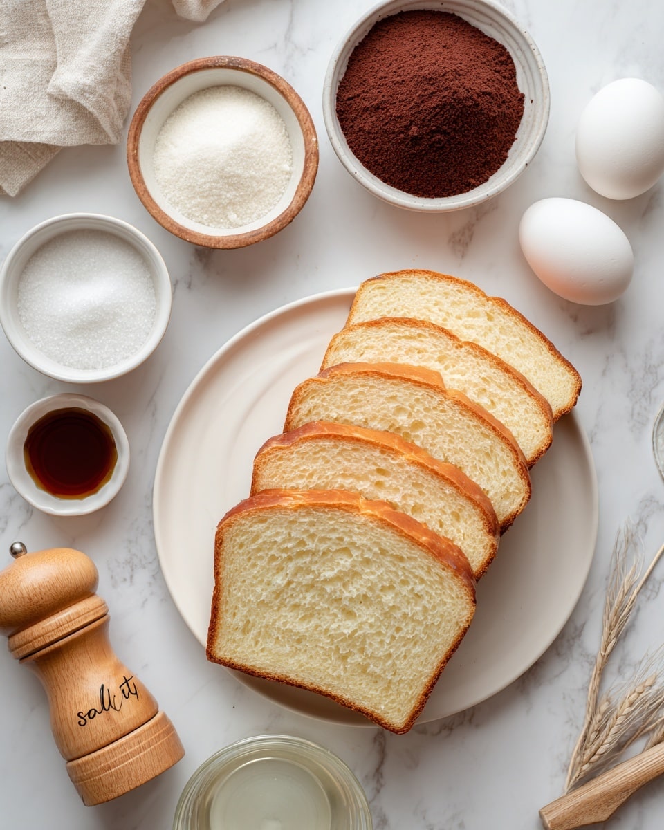The image shows baking ingredients arranged neatly on a white marbled surface. On the right side, there is a white plate holding four slices of soft, light brown bread with a golden crust on the edges. Near the top right corner, two whole white eggs are placed side by side. To the left of the plate, a small white bowl holds a dark brown liquid, and below it, another small white bowl contains white granulated sugar. Above this, a small white bowl with a wooden rim contains deep brown cocoa powder. On the far left, there's a wooden pepper grinder with the word