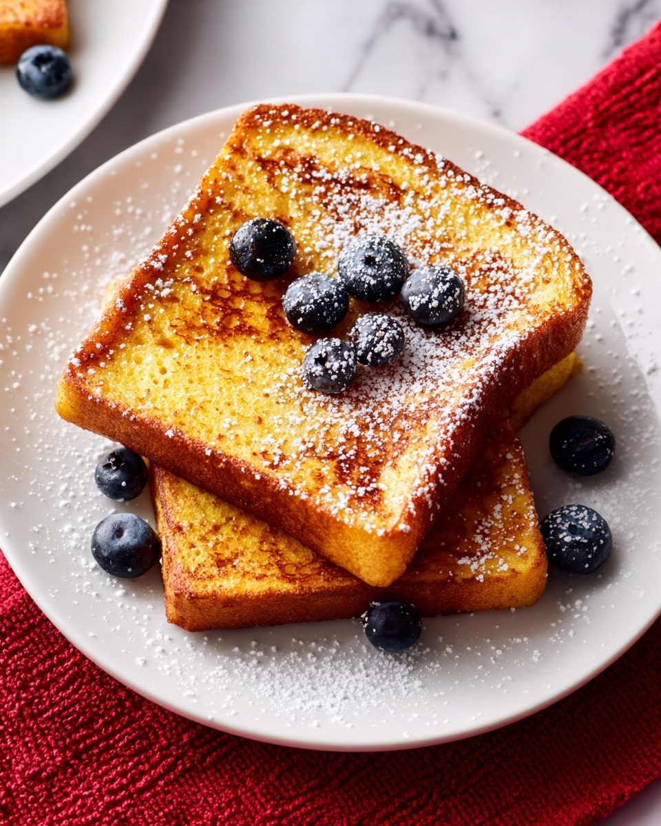 A round white plate filled with two layers of small, golden brown square toast pieces, each piece covered lightly with powdered sugar. Scattered blueberries with deep blue color rest on top and around the toast squares. The plate sits on a white marbled surface, with a bright red cloth in the background. Photo taken with an iphone --ar 4:5 --v 7