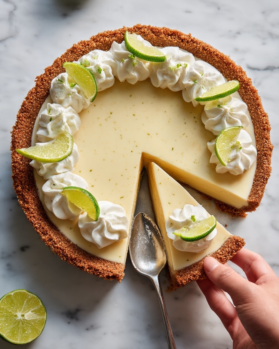 A creamy pie with three smooth, light yellow slices neatly arranged in a white pie dish, each slice showing small green flecks inside. Around the edge, dollops of white whipped cream are evenly placed, each topped with a thin, bright green lime slice. The pie has a crumbly brown crust visible at the sides. A shiny silver spoon rests in the dish, partially under one dollop of cream. The pie sits on a white marbled surface. Photo taken with an iphone --ar 4:5 --v 7