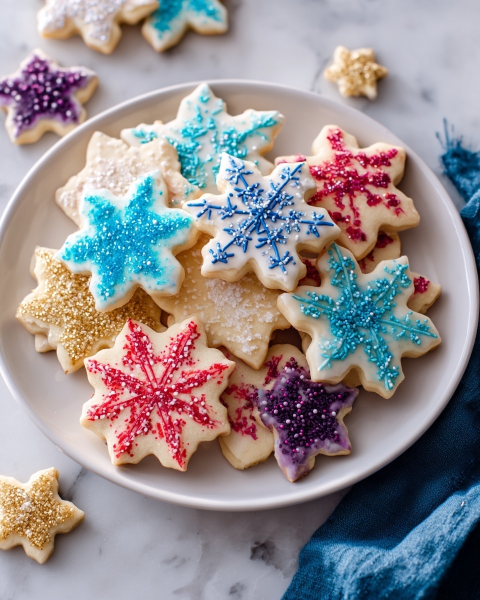 A white plate is filled with many sugar cookies shaped like stars and flowers. The cookies have two main designs: one with smooth red, purple, blue, and light blue icing covering the star shapes, each decorated with a small white or blue star on top, and another with a flower shape decorated with bright blue or golden sugar lines and dots that look like fireworks, with small white star sprinkles on some. Some plain star cookies are covered fully with golden sugar. The plate sits on a white marbled surface with a blue cloth partially visible at the bottom right. photo taken with an iphone --ar 4:5 --v 7