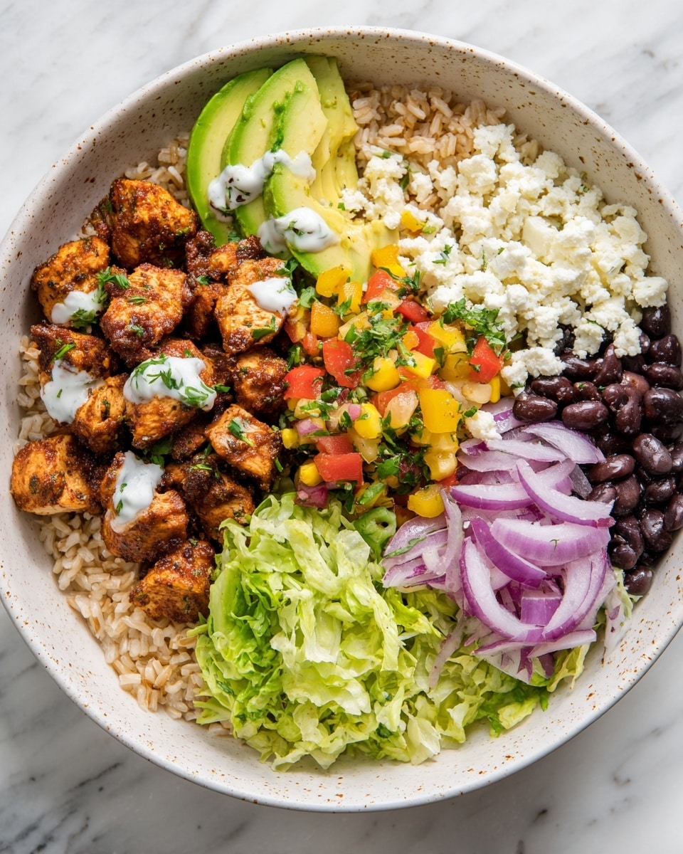 In a large light beige bowl, the bottom layer is light brown cooked rice that fills the base. On the left side, there are slices of green avocado arranged in a fan shape on top of the rice. Above the rice and avocado, at the top left, there is a large pile of reddish-brown cooked and seasoned chicken chunks with a bit of white sauce drizzled on top. In the middle, there is a generous layer of crumbly white cheese sprinkled with green herbs. To the right of the cheese, there are thin purple slices of onions laid in an overlapping pattern. Next to the onions on the far right, there is a colorful mix of finely chopped red cherry tomatoes, orange bell peppers, black beans, and green lettuce beneath. The bowl sits on a white marbled surface photo taken with an iphone --ar 4:5 --v 7