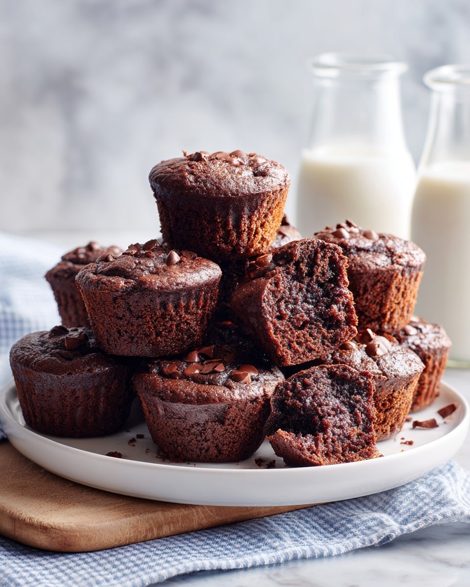 A white plate is full of small dark brown chocolate muffins stacked high in a pile, each muffin showing a slightly cracked and textured top. One muffin is broken into pieces, showing a moist and rich inside, placed beside the plate on a white marbled surface. The plate sits on a blue and white checkered cloth that rests on a wooden board. In the background, two glass bottles filled with milk are slightly out of focus, and a wooden spatula leans against them. photo taken with an iphone --ar 4:5 --v 7