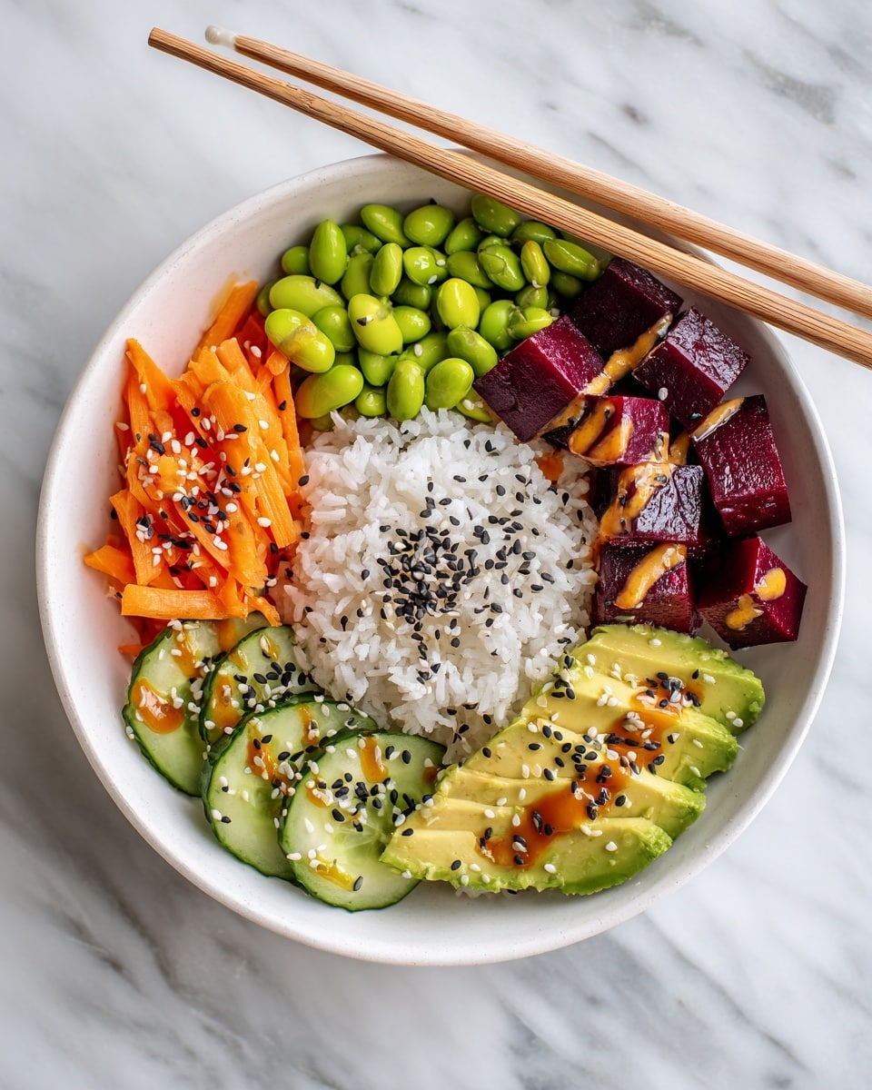 A white bowl on a white marbled surface holds layers of colorful food arranged neatly. The base is white rice sprinkled with black and white sesame seeds. On the right side, there are deep purple chunks of beet with white sesame seeds and a light orange drizzle. At the top, light green avocado slices have black and white sesame seeds and an orange sauce drizzle. On the left, bright green edamame beans sit next to thin carrot sticks with a light orange sauce over them. At the bottom, there are thin cucumber slices sprinkled with black sesame seeds. Light wooden chopsticks rest across the top of the bowl. Photo taken with an iphone --ar 4:5 --v 7