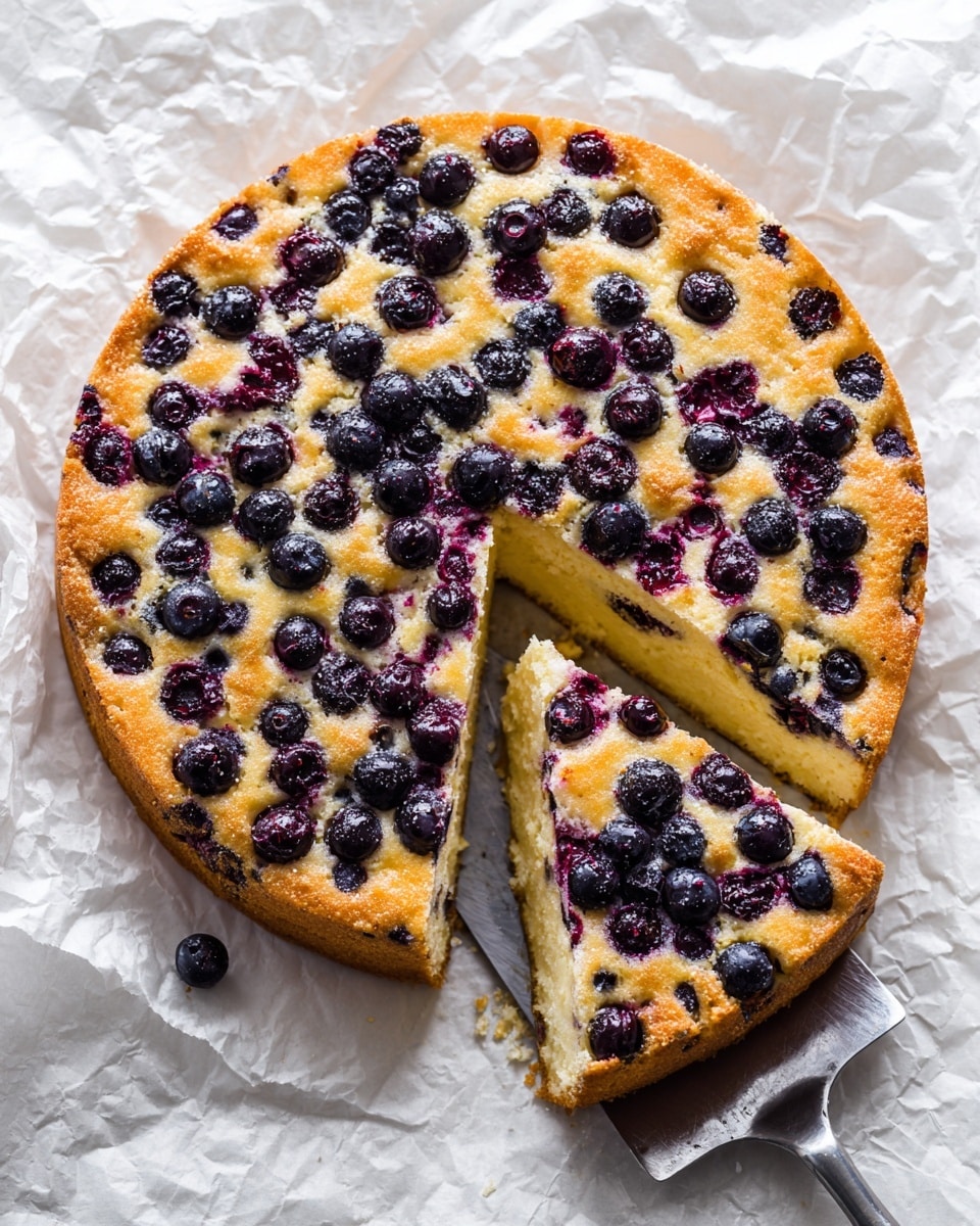 A round blueberry cake with a golden brown crust on the outside, covered with many plump, dark blueberries on top. The cake is one thick layer with a soft and moist texture, visible where one slice is lifted with a cake server. The blueberries are sunk slightly into the light yellow cake batter, creating a mix of dark blue and yellow colors across the top. The cake rests on white crumpled parchment paper over a white marbled surface. The photo taken with an iphone --ar 4:5 --v 7