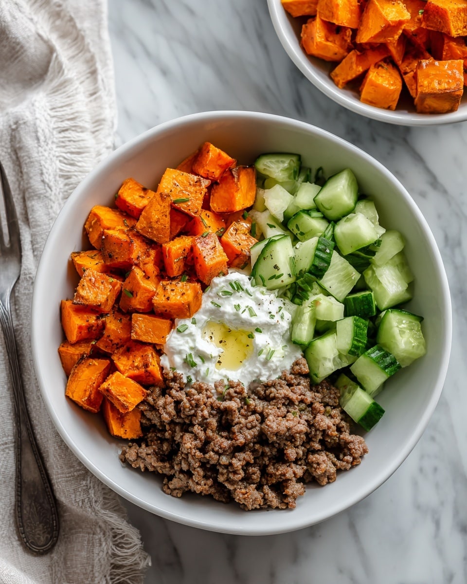 The image shows a white bowl with four main layers. In the top section, there are bright orange roasted sweet potato cubes with a slightly charred surface. To the right, there is a layer of cooked ground meat with a brown, crumbly texture and some oil shining on top. On the bottom left side, there is a white creamy layer of cottage cheese with some golden honey drizzled over it. Next to the cottage cheese on the left side, there are fresh, light green chunks of cucumber with a smooth texture. The bowl sits on a white marbled surface, and a clear glass bowl with more roasted sweet potatoes is visible in the upper right corner. Photo taken with an iphone --ar 4:5 --v 7