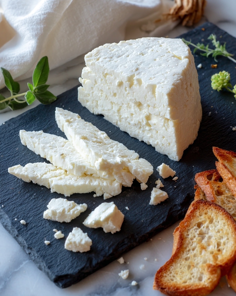 The image shows a round wheel of white cheese with a smooth texture, cut in half and placed on a dark board set on a white marbled surface. Several slices of the cheese, each with a slightly crumbly texture and pale cream color, are arranged in a neat row in front of the remaining wheel. A few small broken pieces of cheese are scattered near the slices. To the side, pieces of golden brown toasted bread with a rough surface are placed. Green parsley and basil leaves rest near the cheese, adding a touch of fresh color. In the background, a white cloth is softly draped. photo taken with an iphone --ar 4:5 --v 7