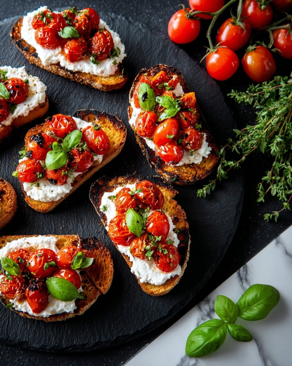 The image shows a round black slate plate filled with small toasted bread slices, each topped with a thick layer of soft white cheese, bright roasted cherry tomato halves with a slightly shiny glaze, and fresh green basil leaves. The bread is golden-brown and crispy, sitting as the base layer. The white cheese is creamy with a rough texture spread evenly on top. The vibrant red tomatoes rest on the cheese, adding a glossy, juicy layer. Each piece is garnished with fresh basil leaves that add bright green pops of color. The plate sits on a dark surface with scattered herbs around and a bunch of fresh cherry tomatoes on the vine in the background. photo taken with an iphone --ar 4:5 --v 7