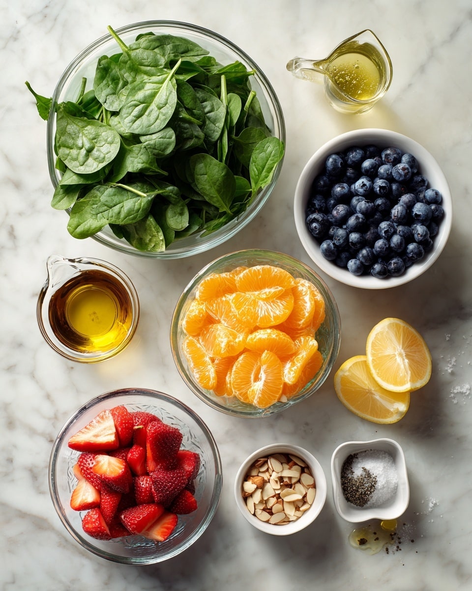 Various fresh ingredients are arranged on a white marbled surface, including a large clear glass bowl filled with bright green spinach leaves on the top left, a small clear glass bowl with dark blue blueberries to the right of it, and a white bowl full of bright orange mandarin slices below the spinach. There is a clear glass bowl with red strawberry slices at the bottom center, and in the middle a small clear bowl with chopped almonds. Nearby are small white dishes containing salt and pepper, golden honey, and finely minced garlic, along with a small clear pitcher of olive oil. Two lemon halves, one near the blueberries and the other near the strawberries, add yellow highlights to the scene. Photo taken with an iphone --ar 4:5 --v 7