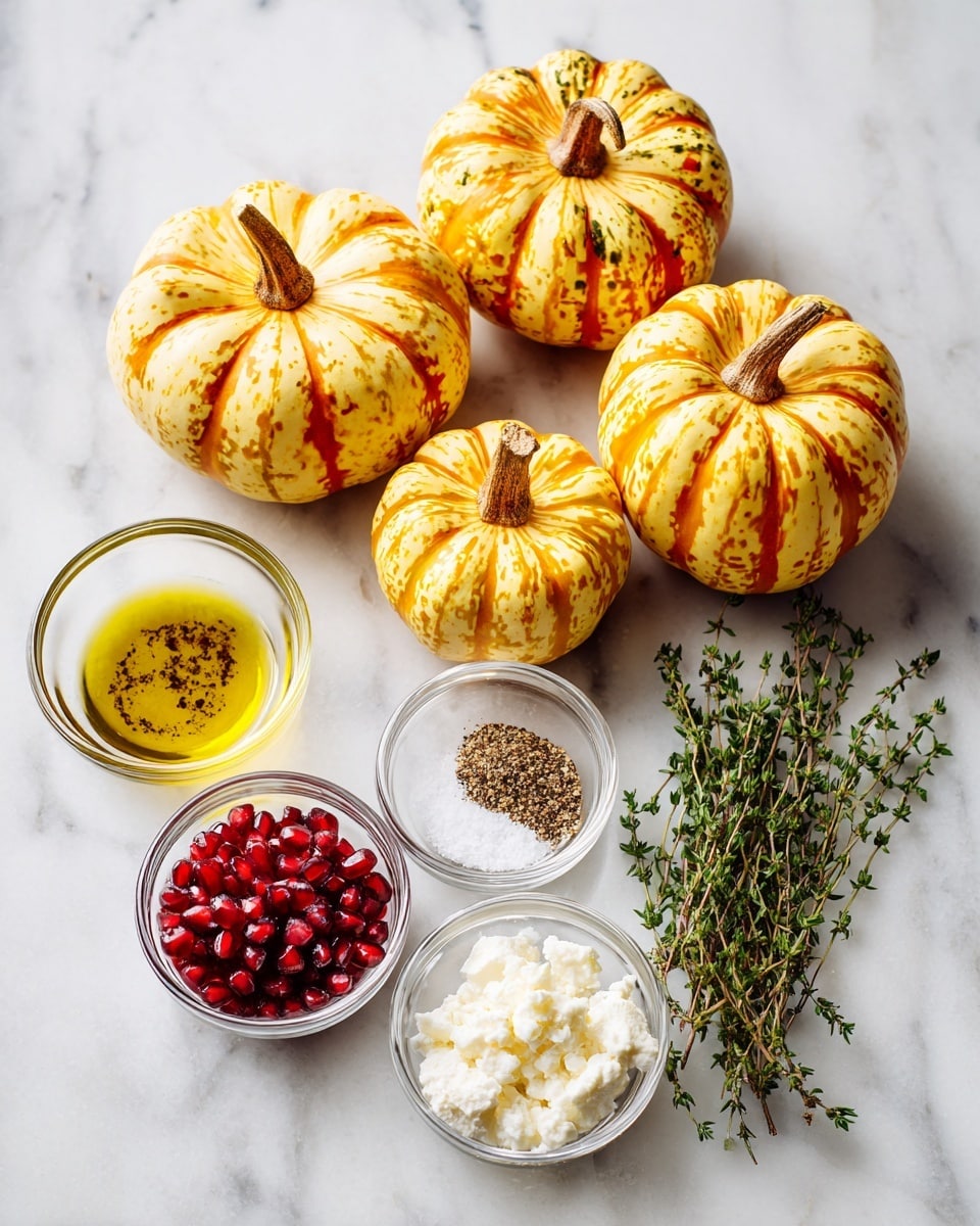 Three small yellow and orange striped squashes with brown stems are arranged on a white marbled surface. Next to them are five small clear glass bowls containing red pomegranate seeds, white crumbled cheese, yellow olive oil, white salt mixed with black pepper, and a small bunch of green thyme sprigs. The colors are bright and natural, and the background is clean and smooth. photo taken with an iphone --ar 4:5 --v 7
