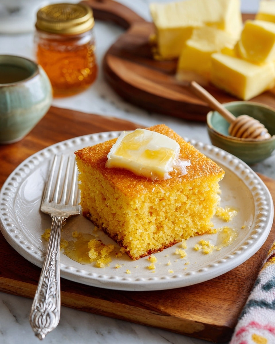 A single square piece of golden yellow cornbread with a soft, crumbly texture sits in the middle of a white plate with light circular ridges. On top of the cornbread, there is a round scoop of pale yellow butter slowly melting, with golden honey syrup drizzling over and pooling slightly on the plate. In the blurred background, a small jar of honey with a golden lid, a green bowl with more honey, and a wooden board holding blocks of butter rest on a white marbled surface. photo taken with an iphone --ar 4:5 --v 7