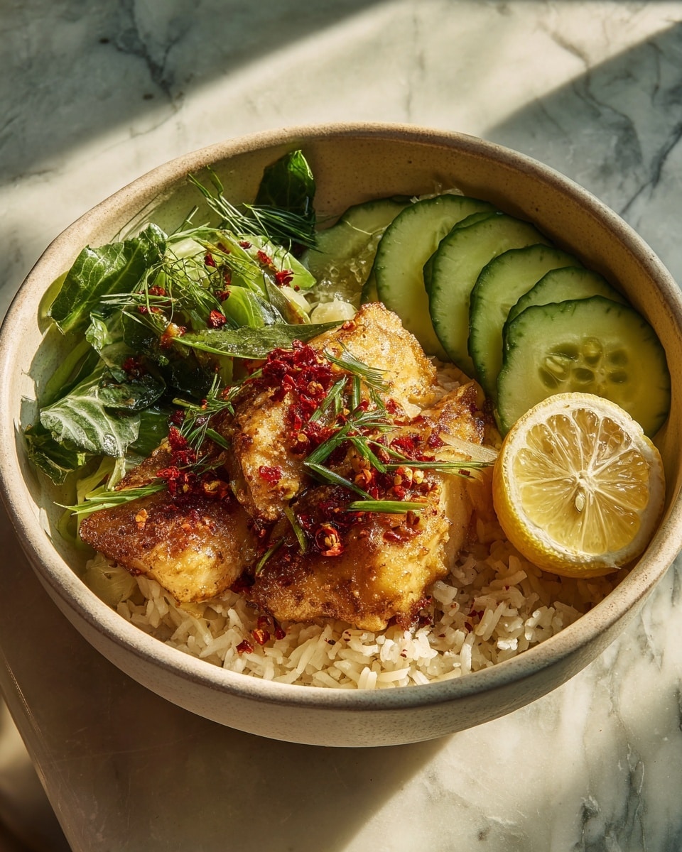 A white bowl filled with a bed of fluffy white rice, partially soaked in a creamy orange sauce that pools around the bottom edge. On top of the rice lie two golden-brown grilled fillets with charred spots showing their texture. The fish is garnished with chopped bright red chili pieces and fresh green leafy herbs scattered evenly across the top. The bowl sits on a white marbled surface, enhancing the colors of the food. photo taken with an iphone --ar 4:5 --v 7