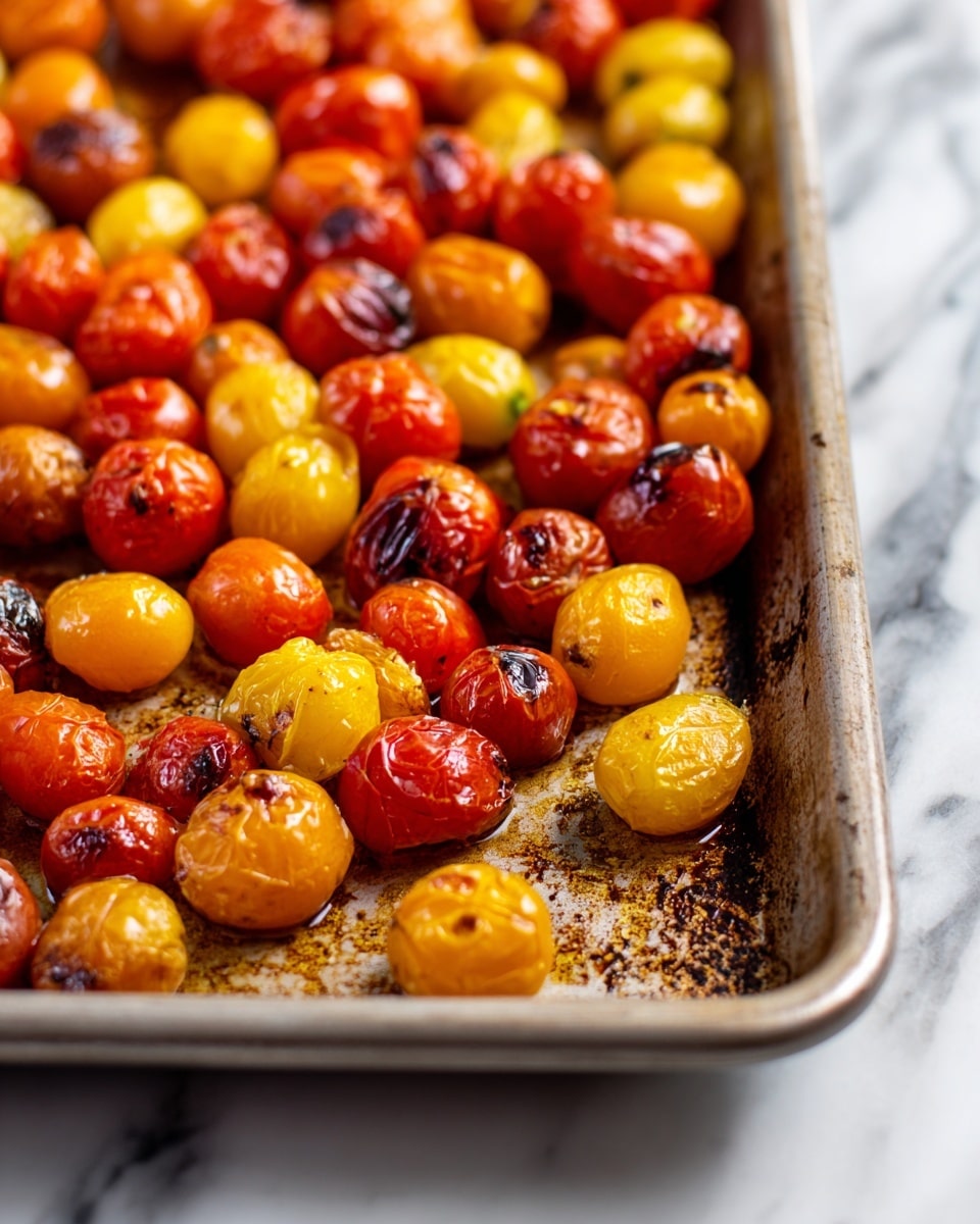 The image shows a metal baking tray filled with roasted small tomatoes in red and yellow colors. The tomatoes are spread out in a single layer across the tray with browned and slightly charred spots around them, indicating they have been roasted well. The tomatoes have a shiny, soft texture with some blackened bits scattered around, showing caramelization from roasting. The baking tray sits on a white marbled surface. photo taken with an iphone --ar 4:5 --v 7