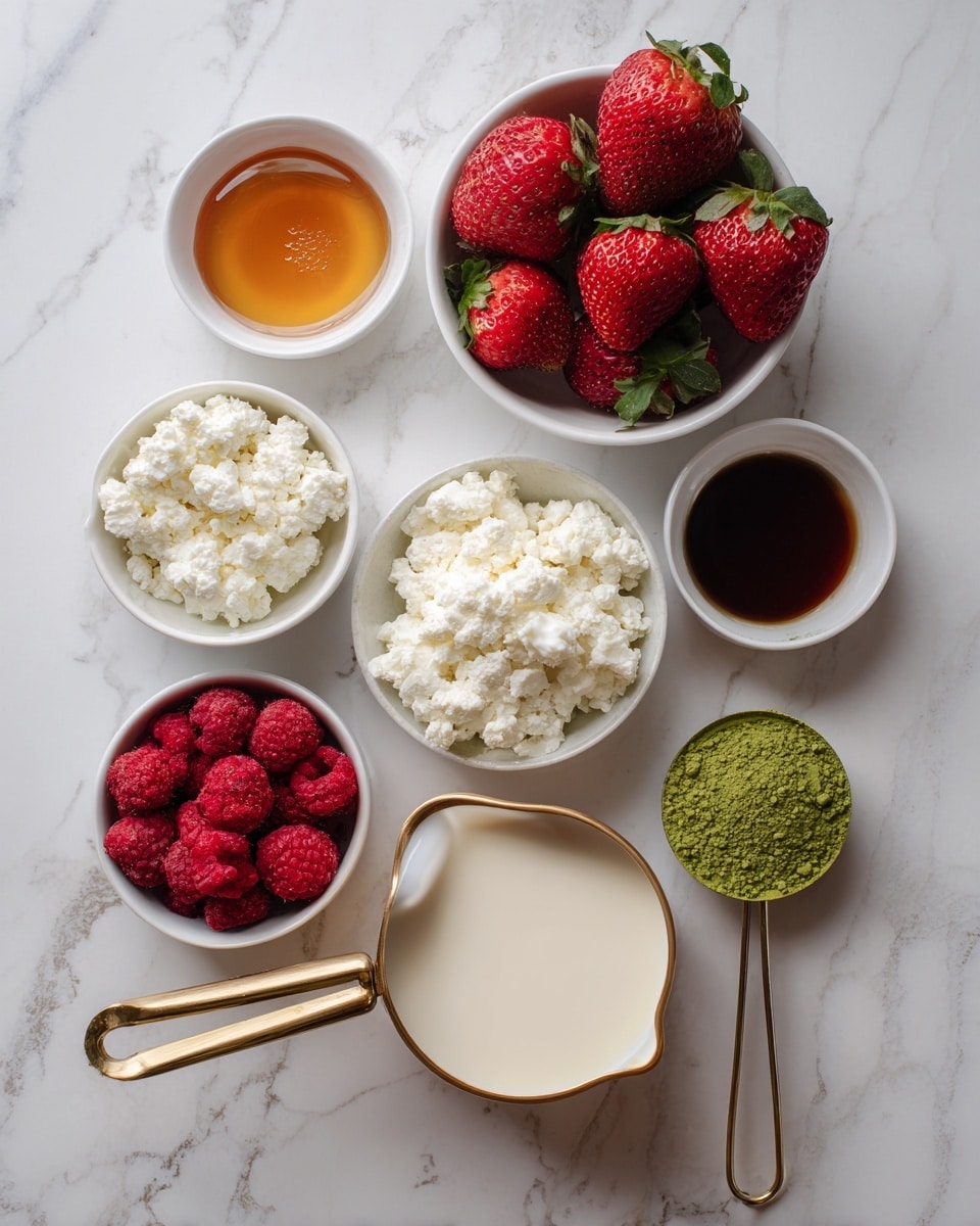 The image shows seven small white bowls and measuring cups placed on a white marbled surface, each holding a different ingredient. At the top center, there is a small white bowl with amber-colored maple syrup. To the right, a white bowl is filled with fresh red strawberries with green tops. Below it, a white measuring cup holds white cottage cheese with a lumpy texture. In the center, a white measuring cup with a gold handle contains light beige milk. To the left, a small white bowl is filled with bright red freeze-dried raspberries that look dry and textured. Below that, a small white measuring cup with a dark brown vanilla liquid. At the bottom center, a white measuring cup with a gold handle holds a fine green powder of matcha. The setup is clean and bright, all arranged neatly. photo taken with an iphone --ar 4:5 --v 7