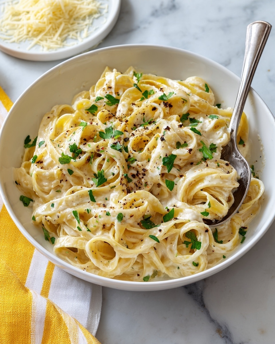 A white bowl filled with creamy fettuccine pasta, coated in a smooth, light beige sauce. The wide pasta noodles are twisted and layered loosely with a soft texture, topped with small green herb pieces scattered across. A silver fork and spoon rest on the edge of the bowl, the fork partially twirling some pasta. The bowl sits on a white marbled surface with a yellow and white striped cloth visible at the bottom right corner. Photo taken with an iphone --ar 4:5 --v 7