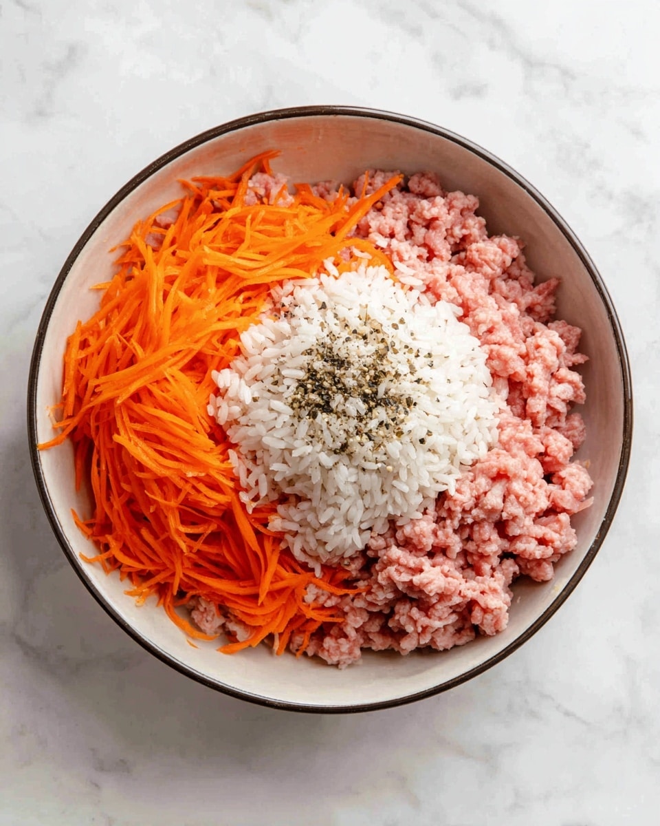 A white bowl with a dark rim holds several ingredients layered inside. The bottom layer is raw ground meat in a light pink color, covering most of the base. On top and around the meat are bright orange shredded carrots, unevenly spread. Above the meat at the center is a mix of white rice grains, with some black and white pepper sprinkled generously on top. The bowl is placed on a white marbled surface. photo taken with an iphone --ar 4:5 --v 7