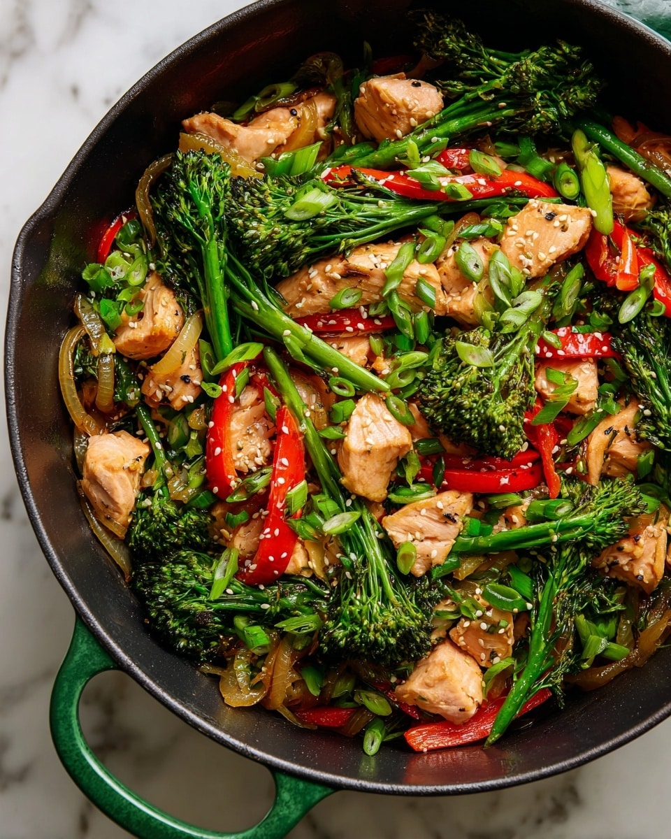 The image shows a close-up of a green cast iron pan filled with a colorful stir fry. It has several chunky pieces of light brown cooked salmon scattered evenly throughout. Bright green broccoli florets are mixed in, along with thin orange strips of cooked bell pepper and lightly caramelized translucent onion slices. The dish is sprinkled with small white sesame seeds and chopped green onions. The pan sits on a white marbled surface. photo taken with an iphone --ar 4:5 --v 7