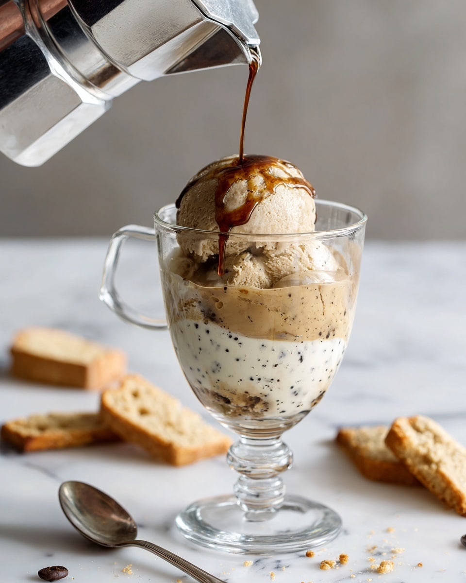 A clear glass holds three visible layers: a bottom layer of white creamy vanilla ice cream with small black vanilla specks, a middle layer of light brown creamy coffee mixing with the ice cream, and a top layer of a rounded scoop of vanilla ice cream lightly drizzled with brown coffee syrup being poured from a silver metallic coffee maker. The glass is placed on a white marbled surface with pieces of light brown biscotti scattered around and a silver spoon nearby. Photo taken with an iphone --ar 4:5 --v 7