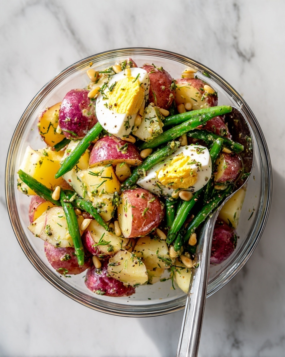 A clear glass bowl filled with a salad made of three main layers: the bottom layer has chopped red potato pieces with soft skin and a light yellow inside, the middle layer contains bright green cooked green beans, and the top layer is scattered with chopped hard-boiled egg pieces showing white and yellow yolk, pine nuts, and a light green pesto-like sauce covering parts of the salad. A metal spoon is placed inside the bowl, resting on top of the salad, all set on a white marbled surface photo taken with an iphone --ar 4:5 --v 7