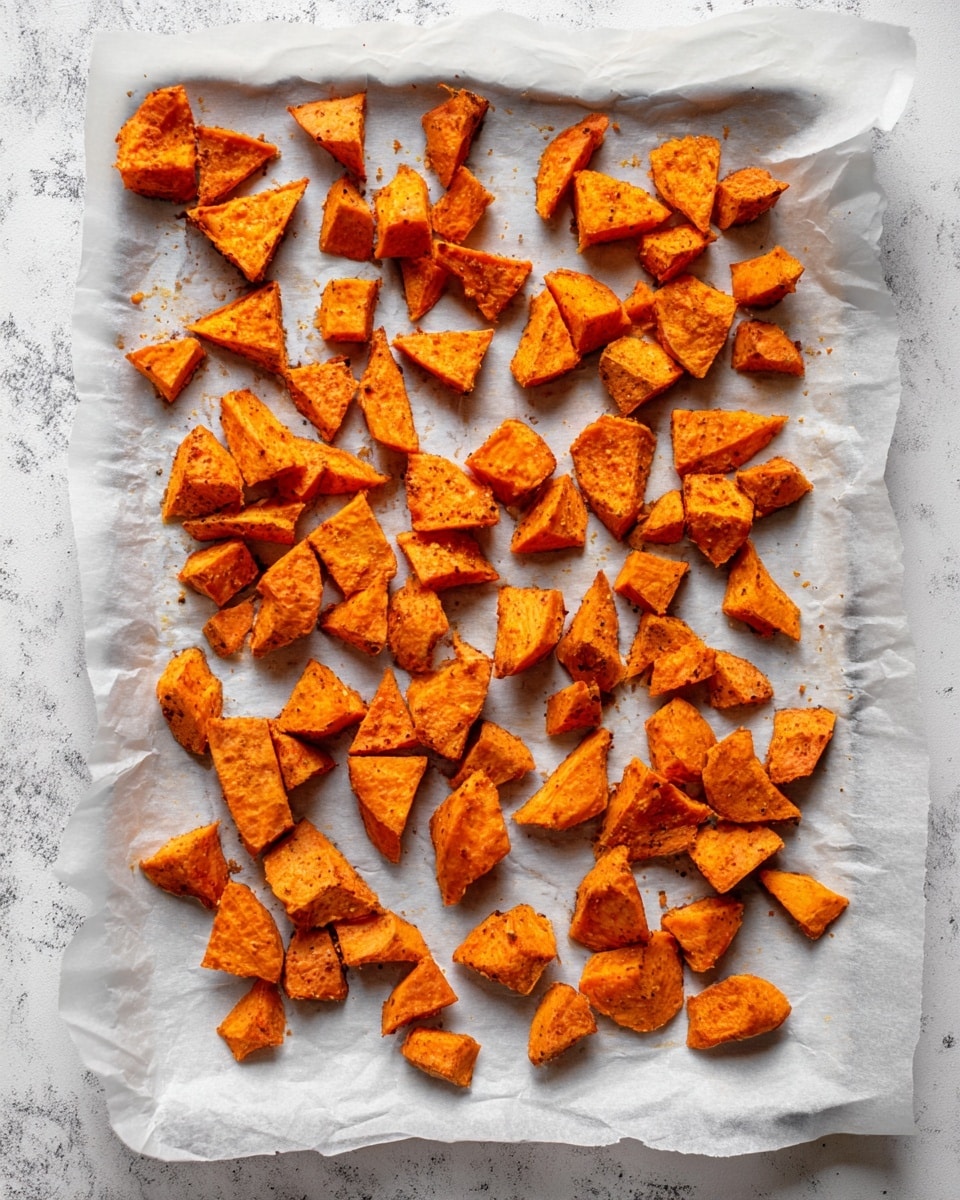 The image shows a white baking sheet lined with wrinkled parchment paper on a white marbled surface, filled with many small chunks of roasted sweet potatoes. The pieces are unevenly shaped, mostly triangular and square, and have a bright orange color with some parts showing a darker, crispy texture. The sweet potatoes are spread out evenly across the parchment paper, giving a scattered look with some pieces close together and others spaced apart. Photo taken with an iphone --ar 4:5 --v 7