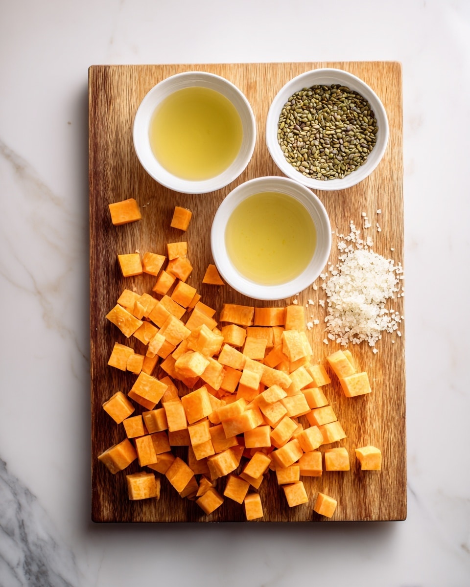 The image shows a wooden board placed on a white marbled surface, filled with small cubes of orange and light yellow pieces evenly spread across most of the board. At the top of the board, there are three small white bowls arranged in a row, each holding different ingredients: a pale yellow liquid, green seeds or small vegetables, and white granules. The scene is simple and bright, focusing on the ingredients before they are cooked. Photo taken with an iphone --ar 4:5 --v 7