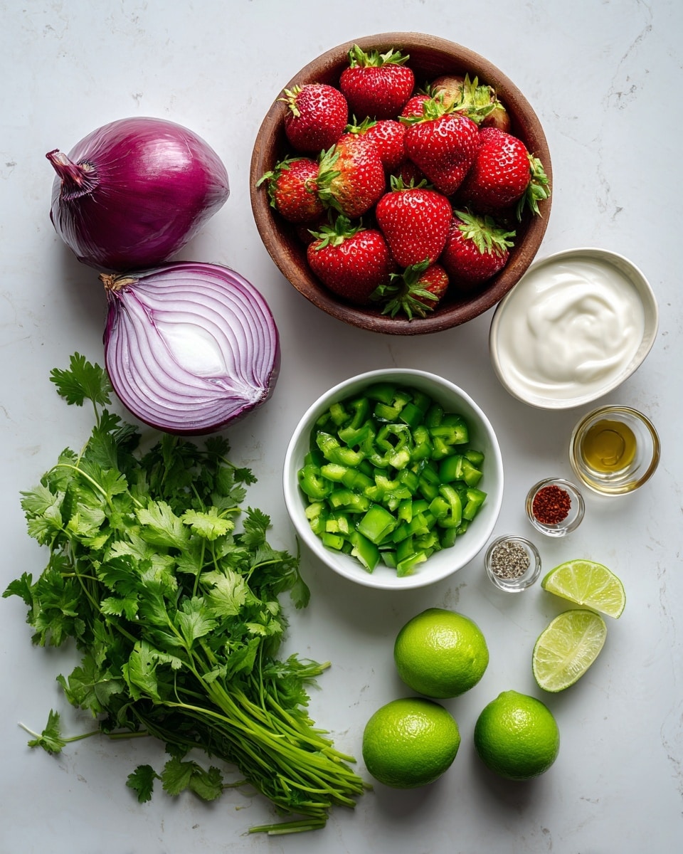 The image shows an arrangement of fresh ingredients on a white marbled surface. At the top center, there is a wooden bowl filled with six bright red strawberries with green leaves. To the left of the strawberries, half of a purple onion with white and purple layers is placed with the root side facing right. Below the onion, a bunch of fresh green cilantro with detailed leafy texture spreads slightly to the left. To the right of the cilantro, a small white bowl is filled with bright green chopped peppers, showing clear, sharp pieces. Above the chopped peppers, another white bowl holds smooth, creamy white yogurt filling the space evenly. At the bottom right, there are two whole vibrant green limes and two lime halves, with their inner segments clearly visible. A few small glass bowls containing various spices, salt, and a golden liquid are scattered below the lime, adding small pops of color. The whole setup is bright, fresh, and clean, captured from above, photo taken with an iphone --ar 4:5 --v 7