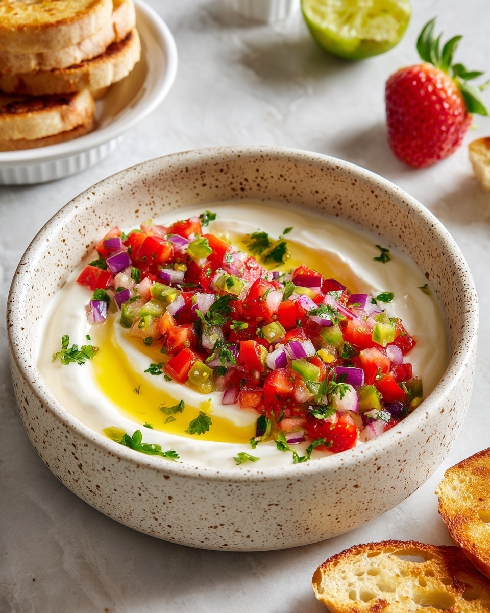 A white round plate with a creamy white base layer topped with a colorful mix of chopped red strawberries, purple onions, green jalapeños, and fresh green cilantro leaves spread mostly on one side; the cream has a small drizzle of yellow oil and light brown spice sprinkled around. The plate is placed on a white marbled surface with a half lime, a whole strawberry, and several light brown round crackers around it, some stacked and some placed inside a white bowl nearby. Photo taken with an iphone --ar 4:5 --v 7
