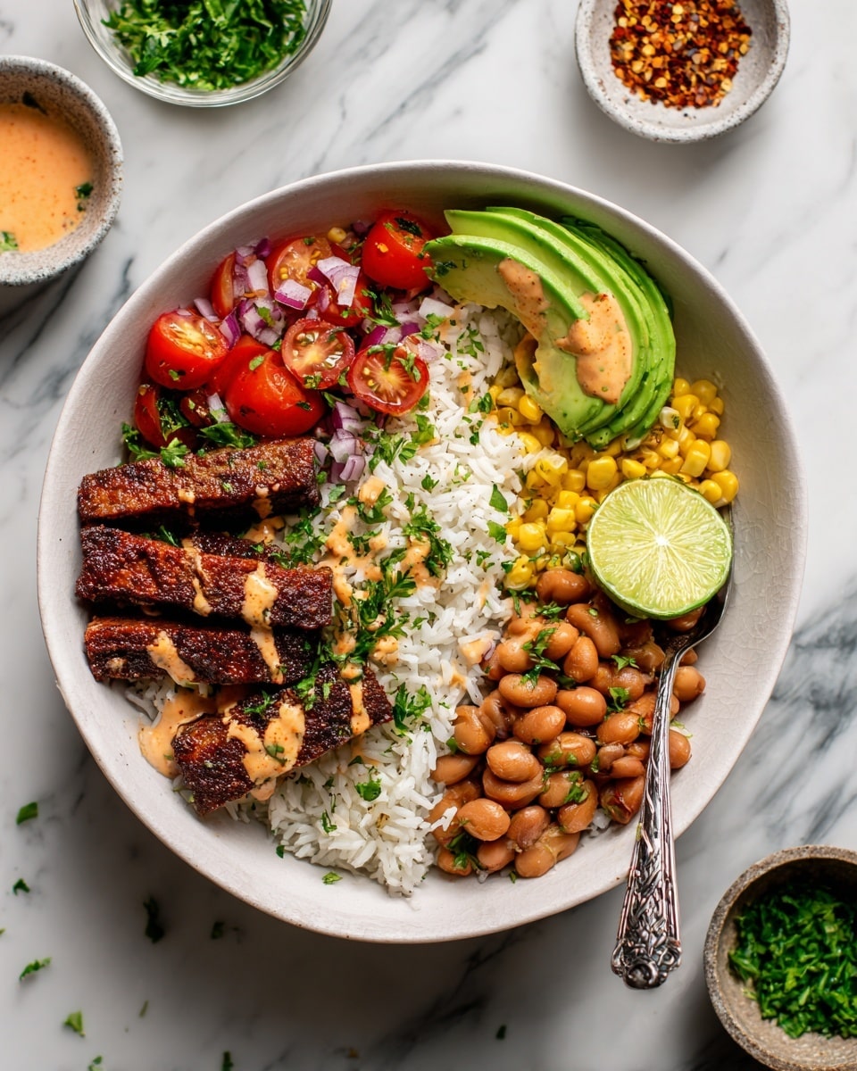 A white bowl with five main layers: at the bottom, white rice mixed with chopped green herbs; on top of the rice, light brown cooked beans piled on one side; bright yellow corn kernels next to the beans; fresh red cherry tomatoes cut in halves mixed with small bits of purple onion and green herbs; and dark brown slices of seasoned, cooked protein placed beside sliced green avocado. All the layers are drizzled with a creamy orange sauce and sprinkled with green cilantro and red pepper flakes on top. A silver spoon is placed inside the bowl and a wedge of green lime is near the beans. The bowl rests on a white marbled surface with small bowls of green herbs and red spices partly visible. Photo taken with an iphone --ar 4:5 --v 7