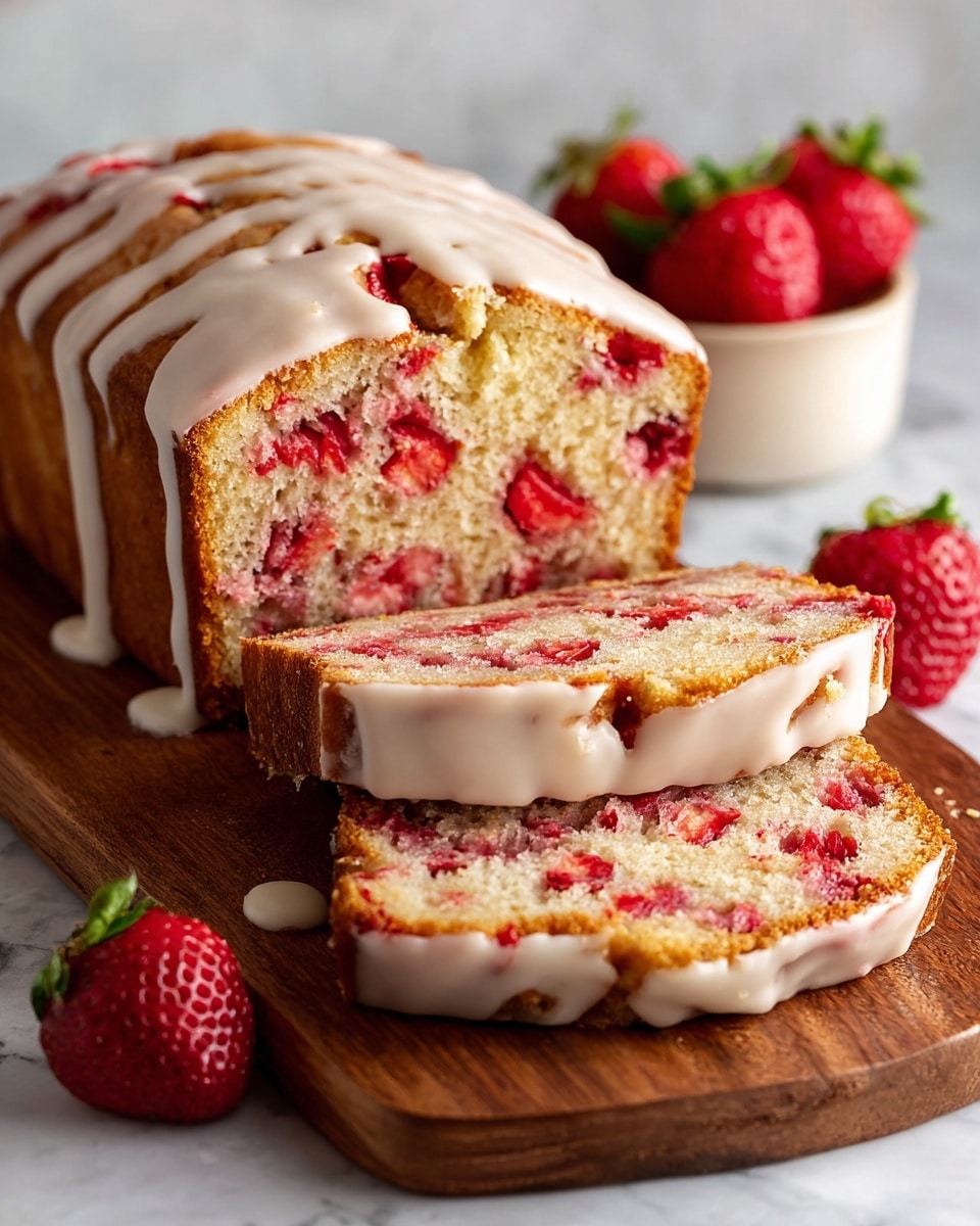 The image shows a loaf of cake with two main layers: a soft, light beige cake base mixed with bright red strawberry pieces spread inside each slice. The cake is topped with a thin layer of white icing, which drips slightly down the sides. The cake rests on a wooden board, with a few whole red strawberries placed beside it. The background has a white marbled texture, adding a clean look to the setting. Photo taken with an iphone --ar 4:5 --v 7
