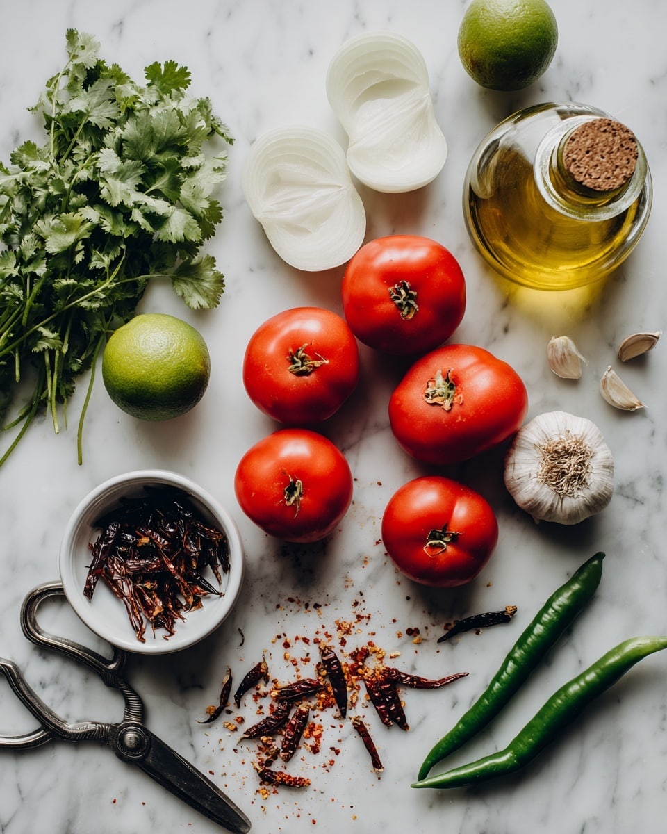 The image shows fresh ingredients laid out on a white marbled surface. There are seven bright red Roma tomatoes placed in a scattered arrangement. Next to them are two green limes, one of which is cut in half showing its juicy inside. Nearby, two white onion halves with smooth textures rest on the surface. A whole garlic bulb with some cloves exposed lies near a small bunch of fresh green cilantro with leafy texture. A small white bowl holds several dried dark brown chilies. A clear glass bottle of golden olive oil with a cork stopper is placed towards the top. At the bottom left, a pair of black metal scissors lies beside a few dried chili flakes and a broken piece of dried chili. Two long green chilies are set on the right side. The items are arranged neatly to show their colors and textures clearly. Photo taken with an iphone --ar 4:5 --v 7