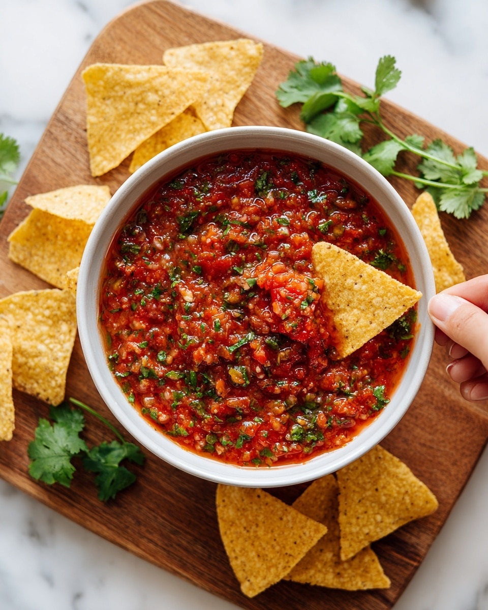 A yellow bowl filled with thick red salsa that has visible small chunks of tomatoes and herbs; green cilantro leaves sit on the surface of the salsa near one side. A woman's hand is holding a light yellow tortilla chip partially dipped in the salsa, showing the sauce's texture on the chip. The bowl is placed on a wooden board with additional tortilla chips scattered around it. The background is a white marbled surface. photo taken with an iphone --ar 4:5 --v 7
