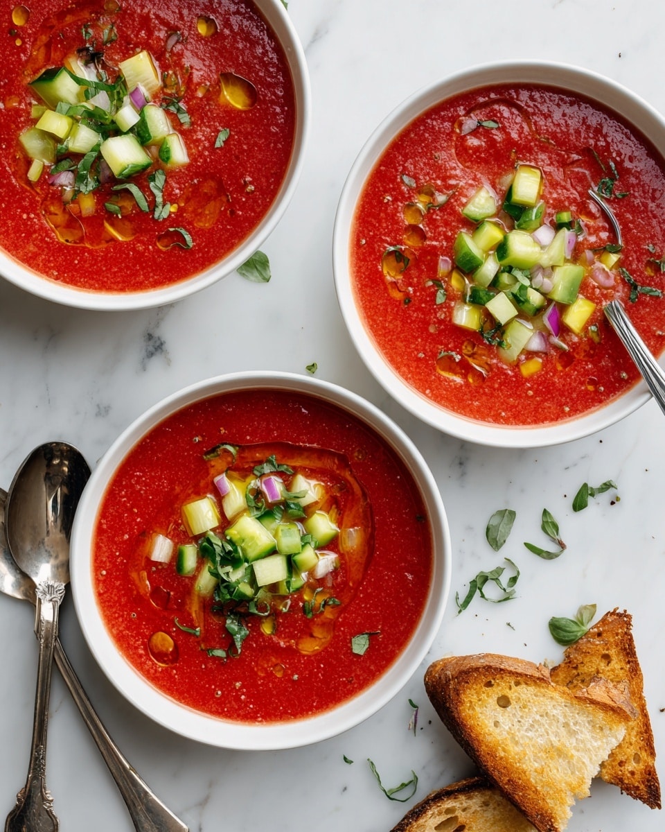 Three white bowls filled with red gazpacho soup, each topped with small green cucumber cubes, chopped fresh green herbs, and tiny bits of red onion, with drops of golden olive oil scattered on the surface. The soup looks slightly chunky with visible tomato pieces, giving a textured appearance. The bowls are placed on a white marbled surface, surrounded by green herb leaves scattered around and three slices of toasted golden brown bread with a light, crisp texture. One bowl has a spoon inside, with a woman's hand holding it gently. Photo taken with an iphone --ar 4:5 --v 7