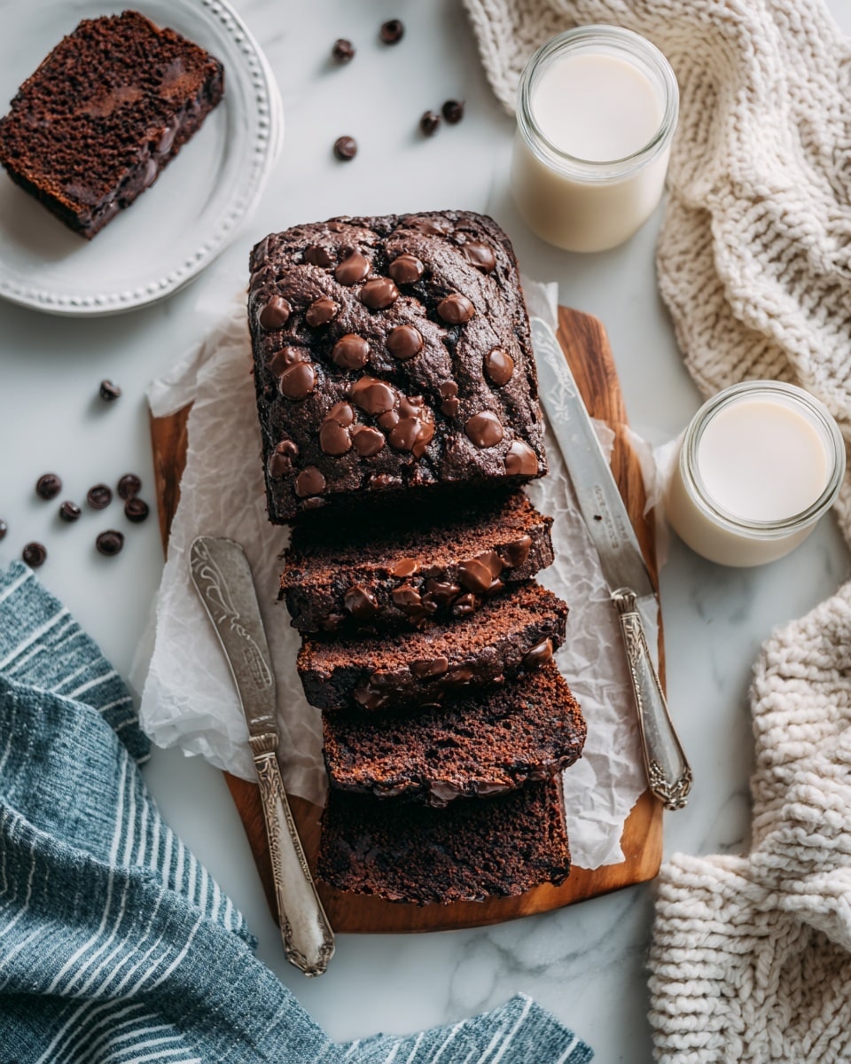 The image shows a loaf of chocolate bread sliced into five uneven pieces placed on white parchment paper over a small wooden board, all positioned on a white marbled surface. The top layer of the bread is dark brown and shiny with chocolate chips visible inside, while the inside texture is moist and dense with a rich chocolate color. Around the board are scattered chocolate chips, a knife with a silver handle resting nearby, and a few white plates holding additional slices. A glass of milk and a white jug are visible near the top and right side, with blue and white striped cloths on the sides. The whole scene feels cozy and fresh. photo taken with an iphone --ar 4:5 --v 7