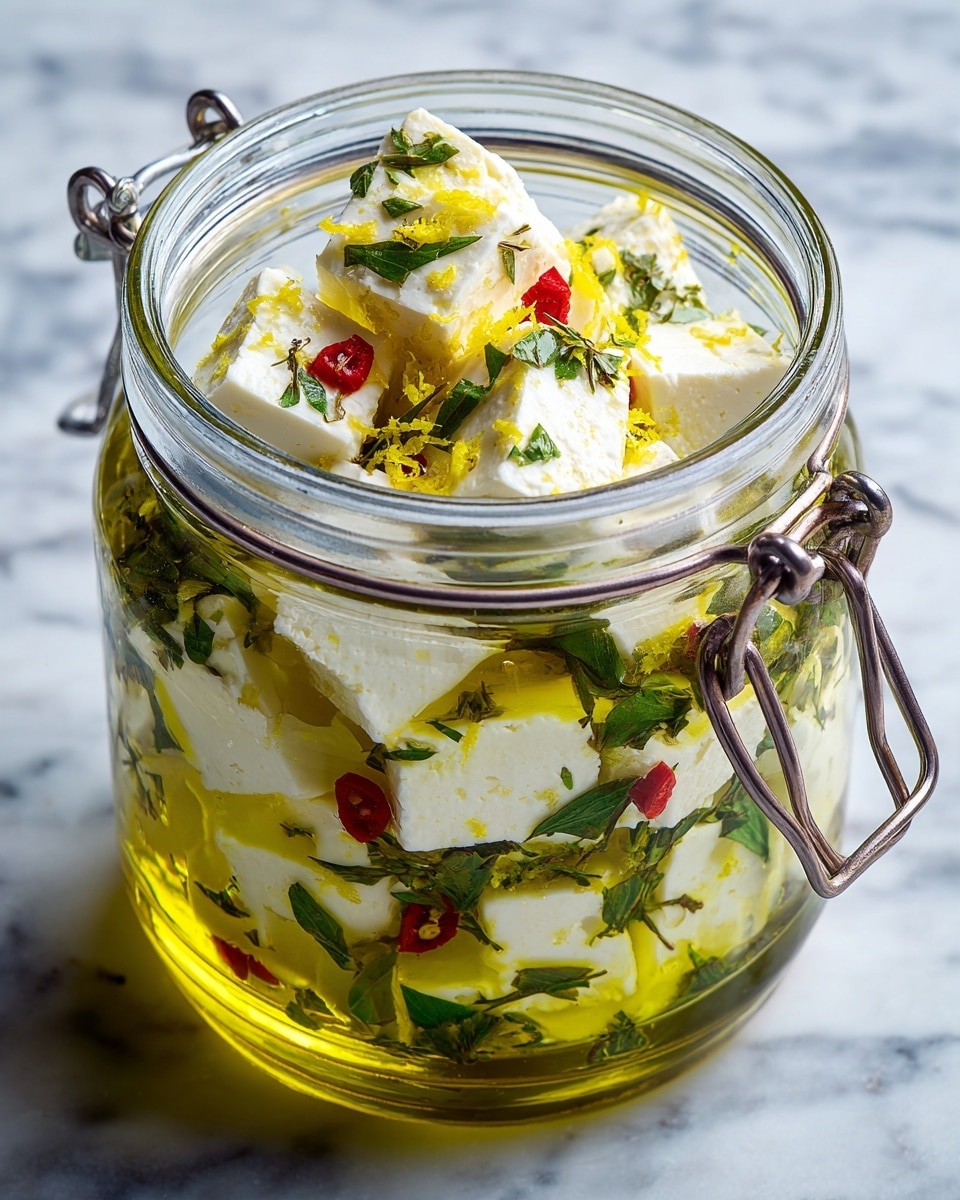 A clear glass jar is filled with soft white cheese cubes floating in bright golden olive oil. The jar has visible metal clasps on the side. Inside the jar, there are also whole dried red chili peppers and green herbs scattered throughout, giving pops of red and green color against the cheese and oil. Some yellow lemon zest shreds sit on top of the cheese cubes, adding a bright texture. The jar is placed on a white marble surface. Photo taken with an iphone --ar 4:5 --v 7