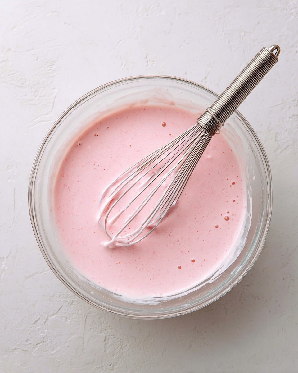 A clear glass bowl filled with light pink batter that looks smooth and creamy, with a few small bubbles on the surface. A shiny metal whisk is resting diagonally inside the bowl, partly covered by the batter. The bowl sits on a white marbled surface, and the light pink batter contrasts softly with the transparent bowl and the metal whisk. The scene looks bright and simple, showing the texture and color of the batter clearly. photo taken with an iphone --ar 4:5 --v 7