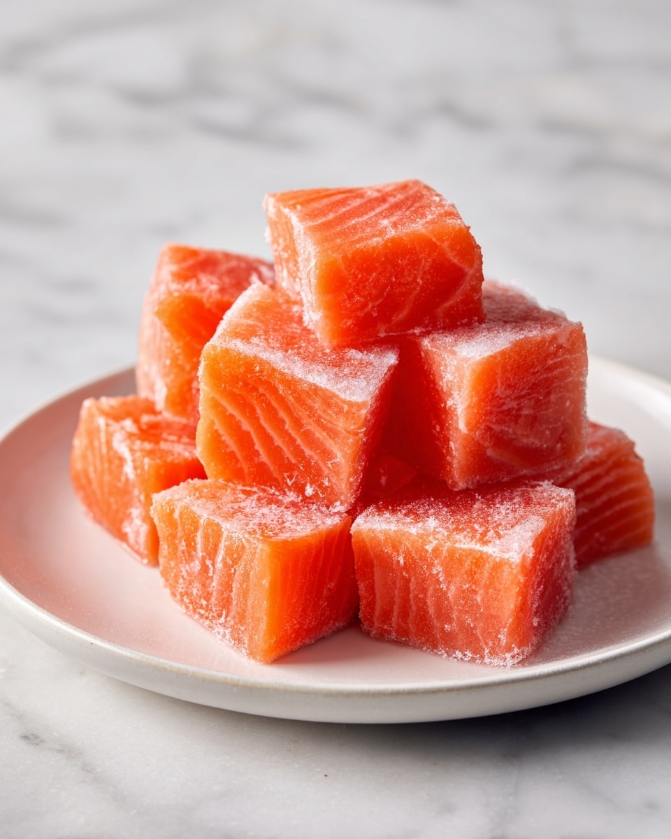 The image shows a white plate filled with small frozen salmon cubes. Each cube is bright orange with visible ice crystals on the surface, giving a textured look. The cubes are stacked closely together, covering the entire plate. The background is a white marbled surface. photo taken with an iphone --ar 4:5 --v 7
