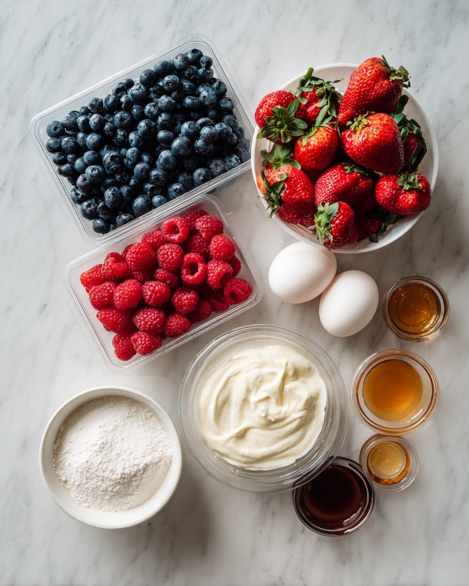 A top-down view of several clear and white containers on a white marbled surface, containing ingredients for a recipe. At the top center is a clear plastic box filled with small, dark blue blueberries. Below it to the left is a clear plastic box with bright red raspberries. To the right of the blueberries is a white bowl filled with fresh red strawberries with green leaves. In the center is a round, white bowl containing creamy white greek yogurt. Below the yogurt is a six-egg carton with light brown eggs. To the left of the eggs is a small white bowl with white powdered cornstarch. At the bottom of the image, there are two small glass containers, one with dark amber maple syrup and the other with a smaller amount of golden brown vanilla extract. All items are neatly spaced on the white marbled surface. photo taken with an iphone --ar 4:5 --v 7