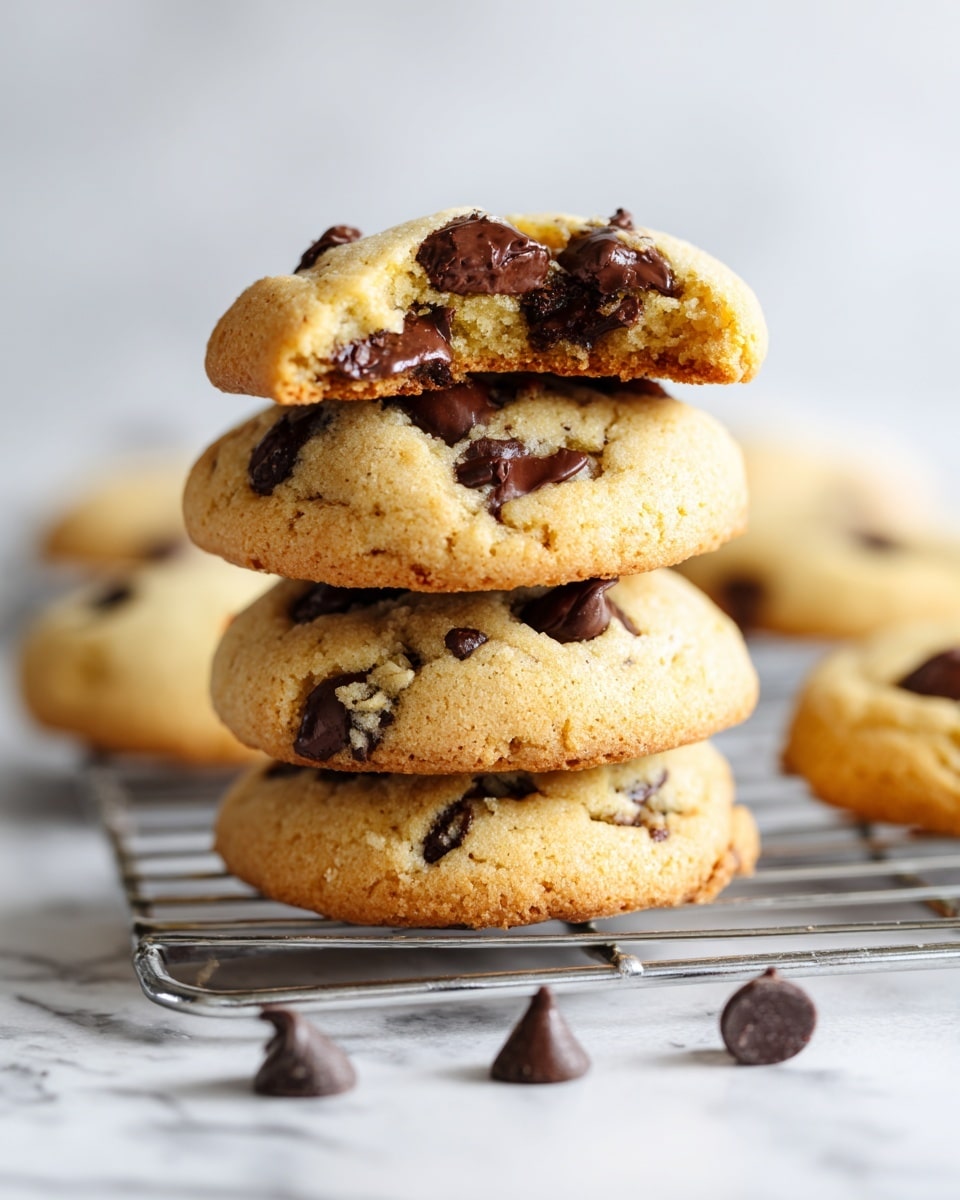 A close-up of four stacked chocolate chip cookies on a silver wire rack positioned on a white marbled surface, the cookies are golden brown with soft, slightly puffy texture, filled with melting dark chocolate chips scattered unevenly. The top cookie is partially eaten, showing a moist, crumbly inside with more melted chocolate chunks. Some loose chocolate chips are scattered near the base on the white marbled surface. The background is a smooth white marbled texture, blurred to keep focus on the cookie stack. photo taken with an iphone --ar 4:5 --v 7
