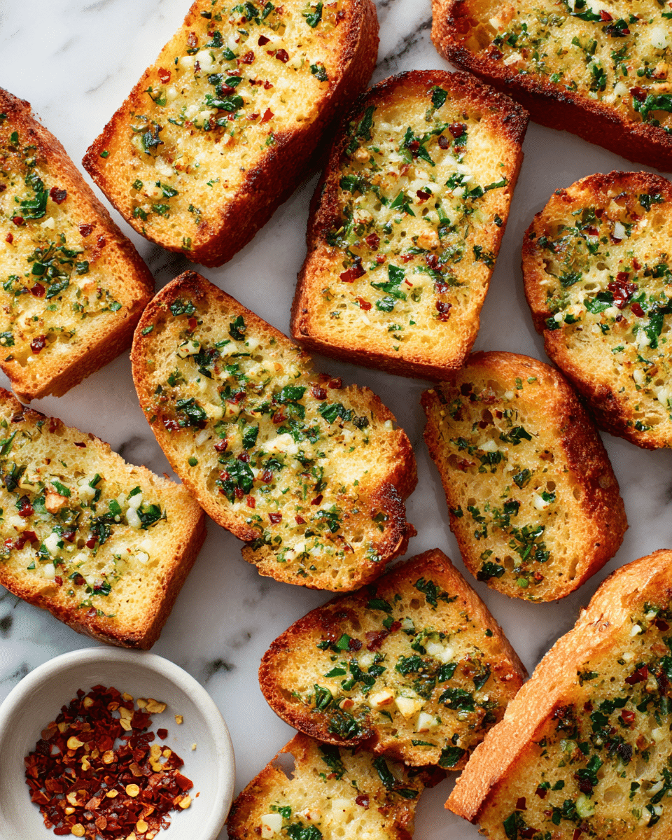 The image shows a white marbled surface with several pieces of toasted garlic bread arranged loosely. The garlic bread pieces have a golden brown crust with a thick spread of finely chopped garlic mixed with green herbs on top. The bread texture is airy and soft inside with visible holes, while the topping adds a rough, slightly crumbly texture in a layer of pale yellow mixed with green from herbs. A small white bowl with red pepper flakes sits near the bottom left corner. The overall look is warm and inviting with crisp edges and herb specks on each piece photo taken with an iphone --ar 4:5 --v 7