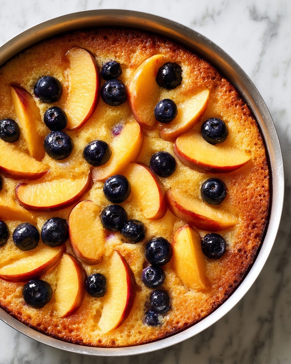 A round baked dessert in a metal pan shows a golden brown crust base with soft yellow cake layers. The top layer is decorated with bright orange peach slices arranged in a circle, with many small, dark blue blueberries scattered all over. The edges are slightly darker, showing a crispy texture, while the inside looks moist and soft. The fruit pieces have a shiny, juicy look that contrasts with the fluffy cake below. The pan is placed on a white marbled surface photo taken with an iphone --ar 4:5 --v 7
